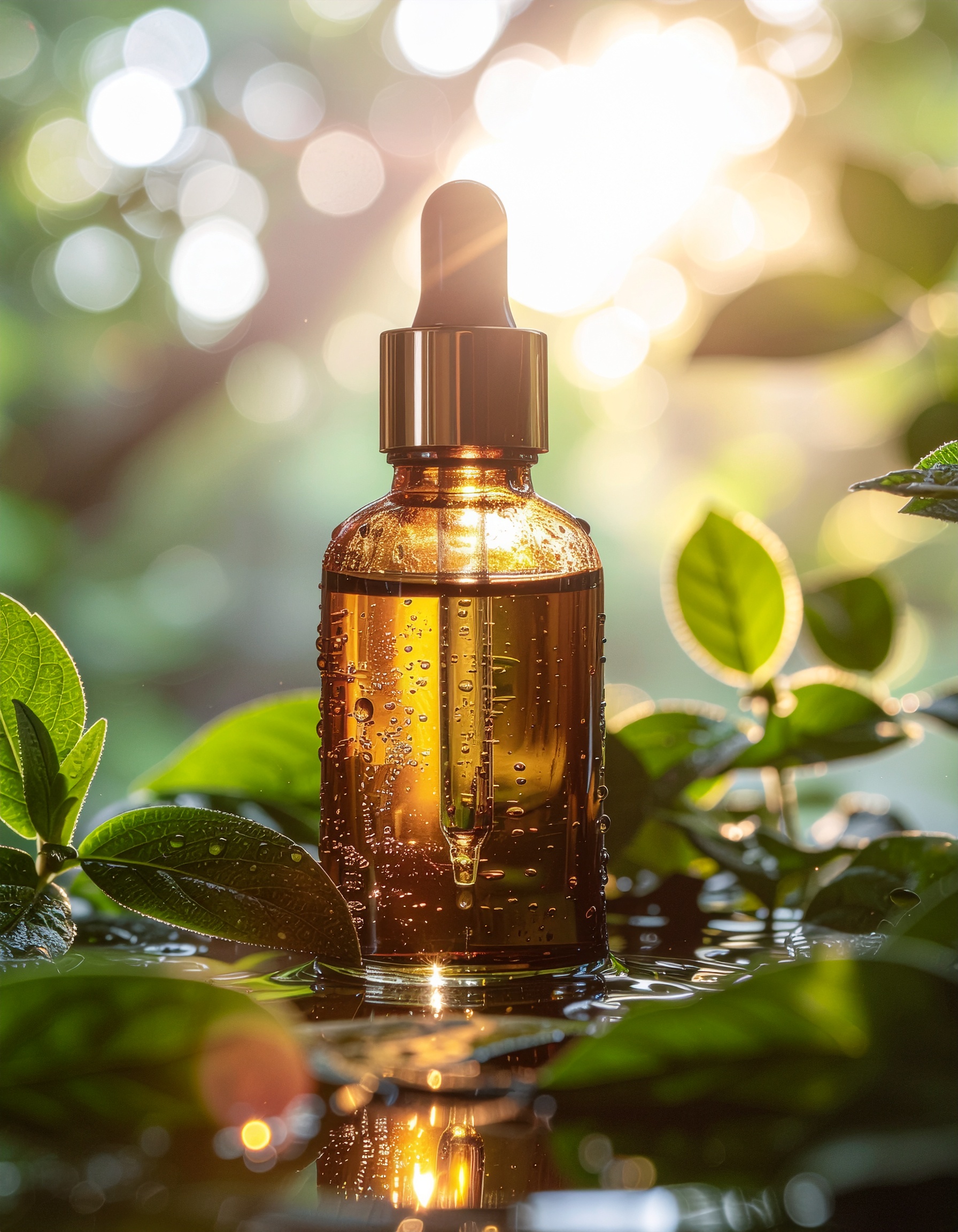 Amber Glass Dropper Bottle Surrounded by Green Leaves